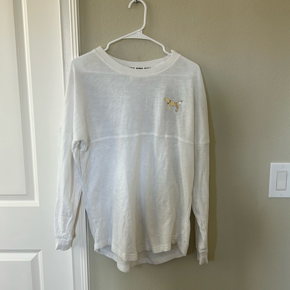 VS PINK white see thru long sleeve top w/ large print on back